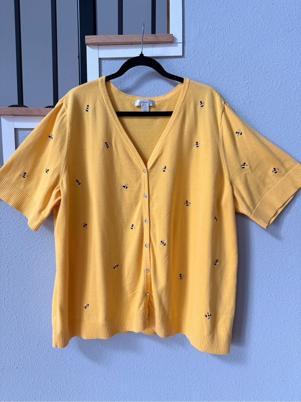 CJ Banks Yellow Bee Embroidered Sequin V-Neck Cardigan Sweater 3X